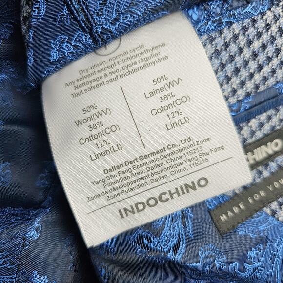 Indochino Blazer Mens 36 Houndstooth Guabello Libera Wool Linen Preppy Blue Suit - Picture 4 of 16